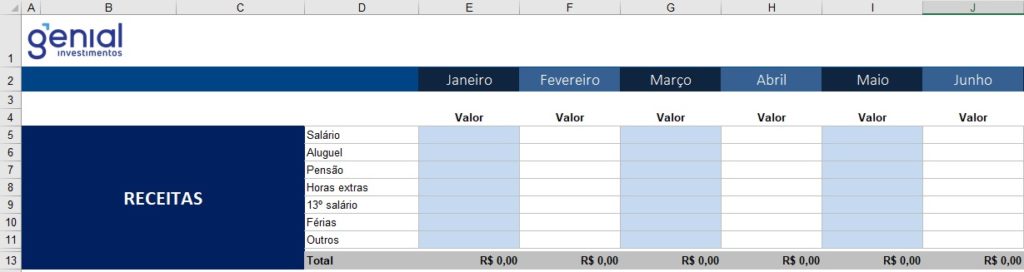 Genial Investimentos / Planilha - Orçamento Pessoal (Renda / Receita)