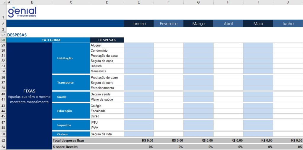 Genial Investimentos / Planilha - Orçamento Pessoal (Despesas Fixas)