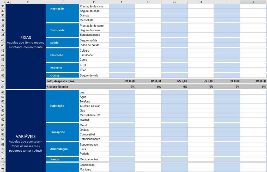 Genial Investimentos / Planilha - Orçamento Pessoal (Despesas Fixas / Variáveis)